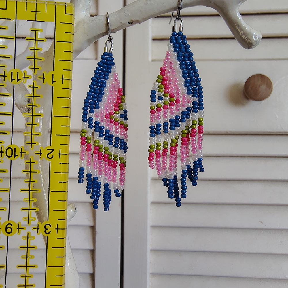Handmade Beaded Fringe Earrings Blue Pink, Green White –Stainless Steel Hooks OS - Picture 3 of 3